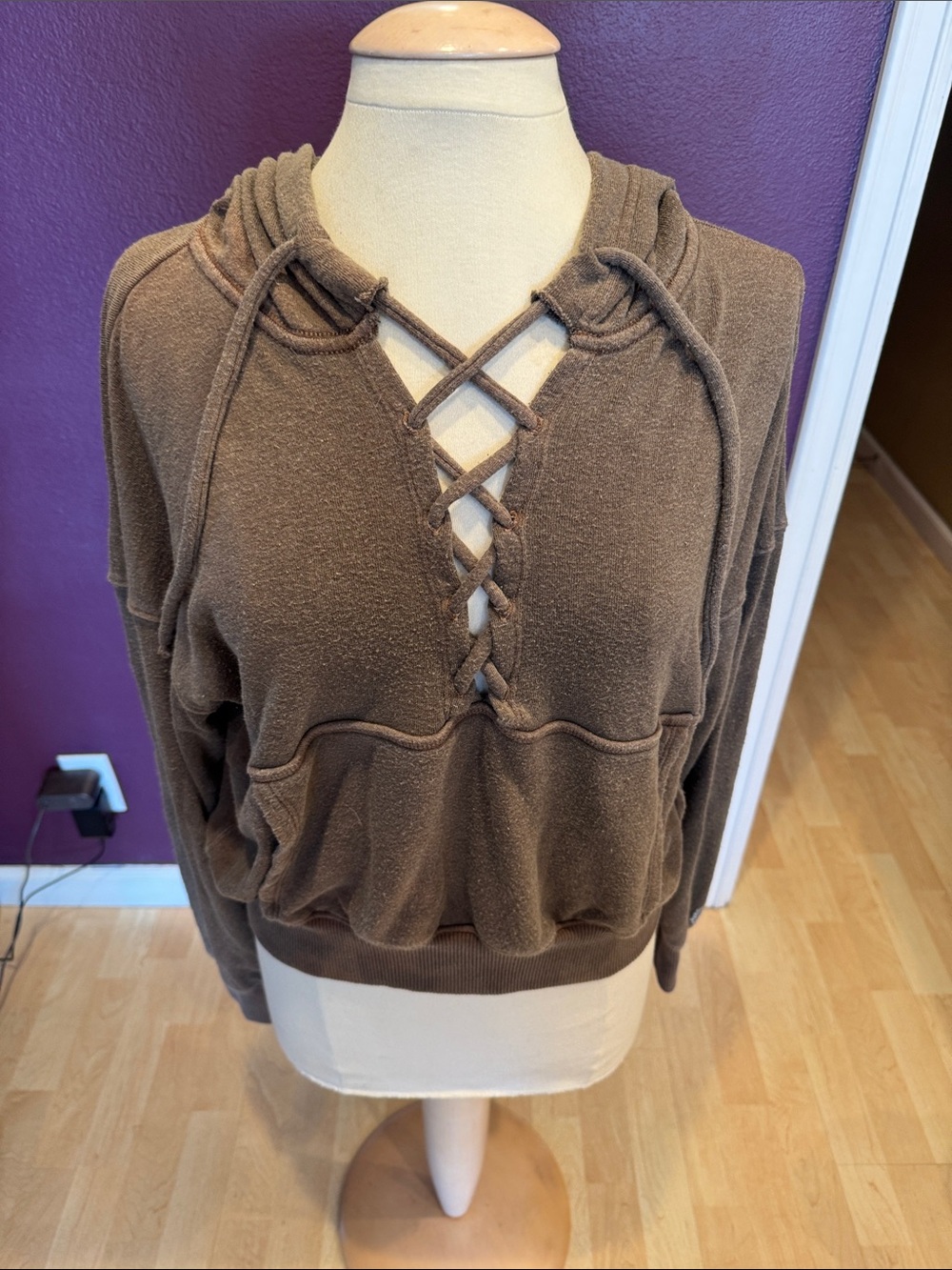 Lace-Up Hoodie Sweatshirt in Brown
